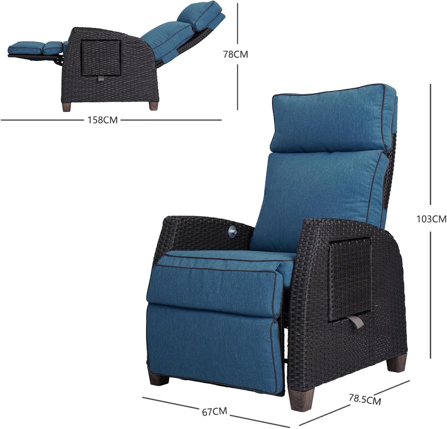 Luxury Wicker Recliner Chair Peacock Blue Cushion