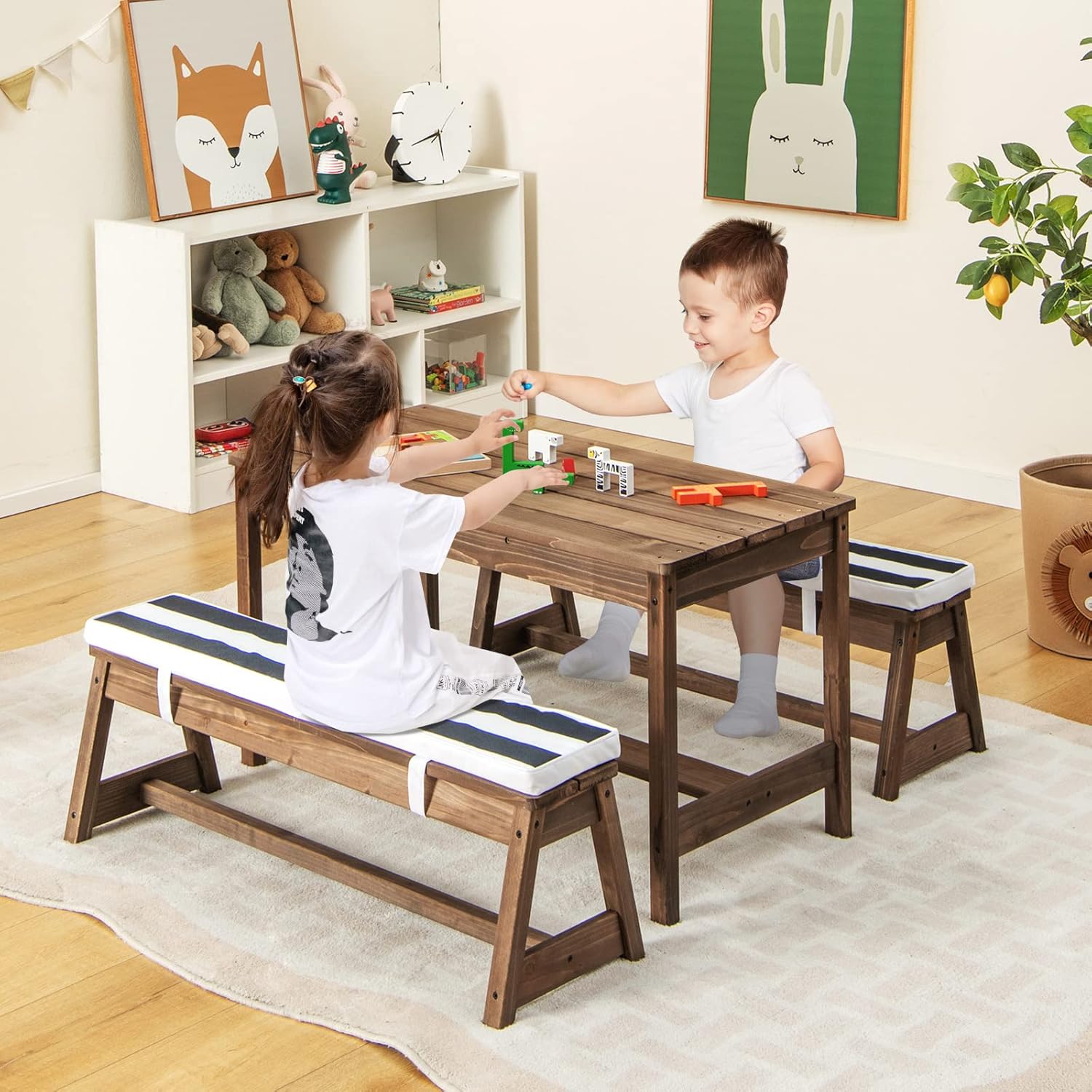 Kids Wooden Picnic Table Bench Set w/Umbrella Blue
