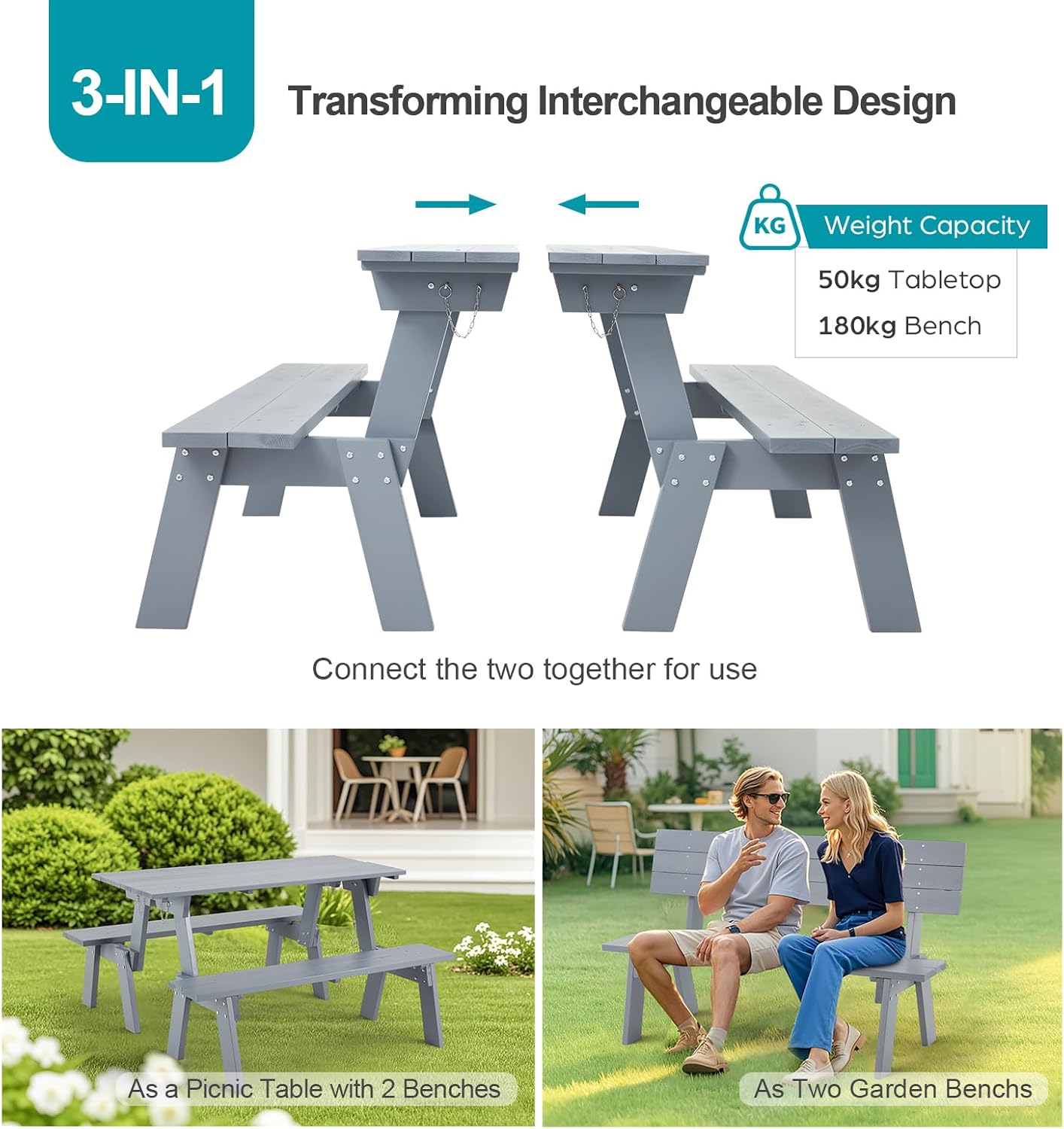 Convertible Wooden Picnic Table with Benches 3 in 1 Folding Set