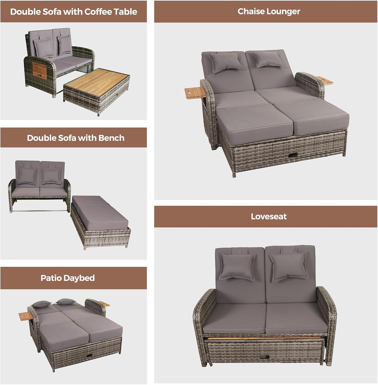 Rattan Garden Daybed Sofa Sun Lounger Storage Ottoman Grey