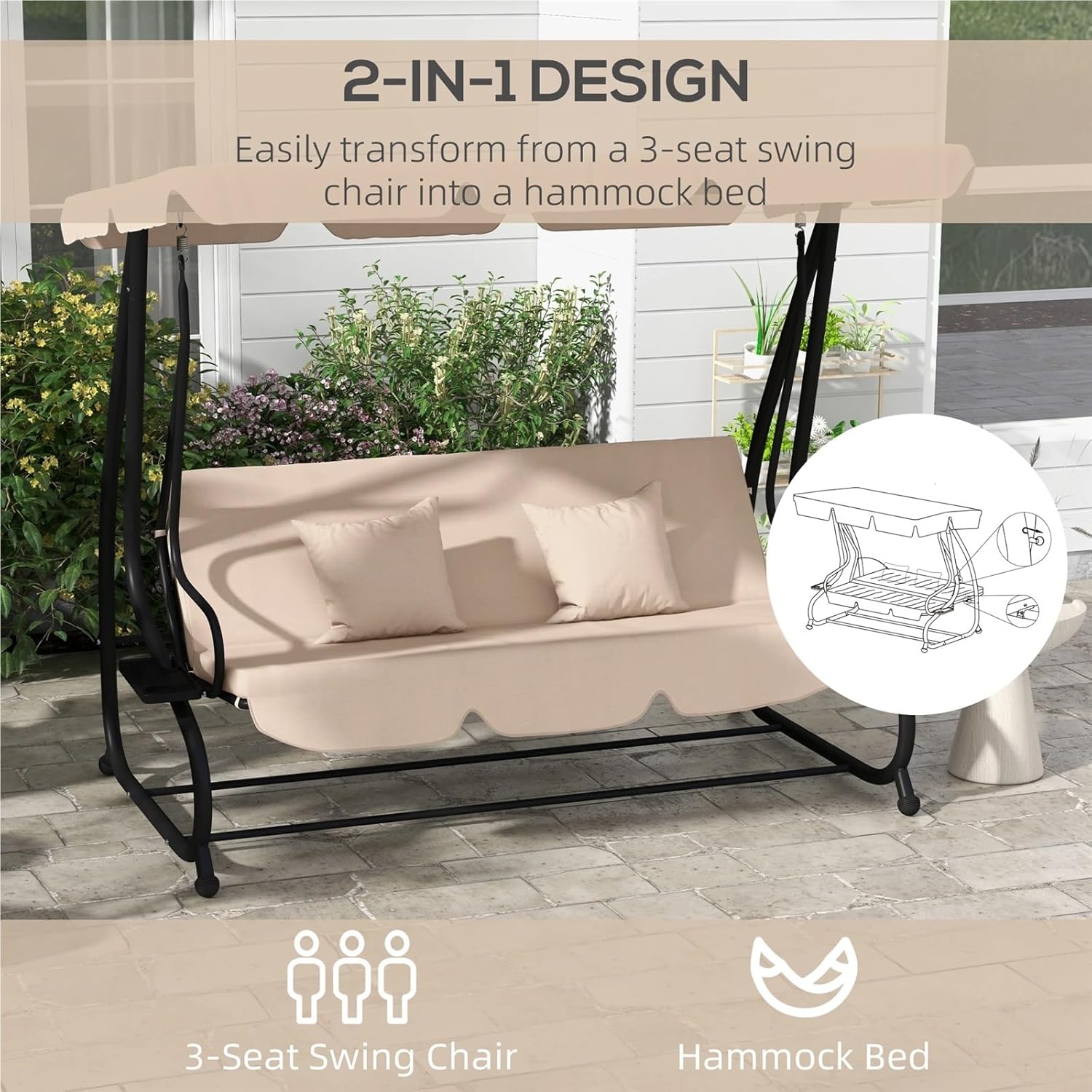 3 Seater Garden Swing Bed Brown Canopy Cushions