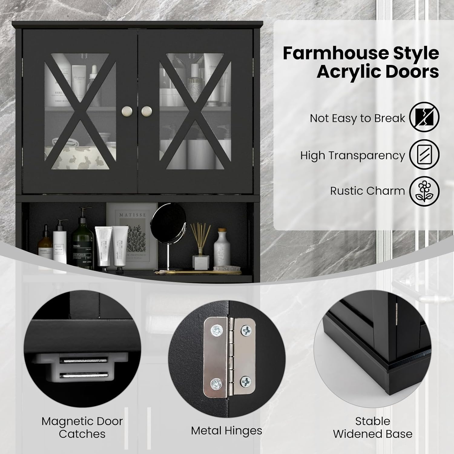 Black Tallboy Bathroom Cabinet 4 Door Shelf Storage Unit