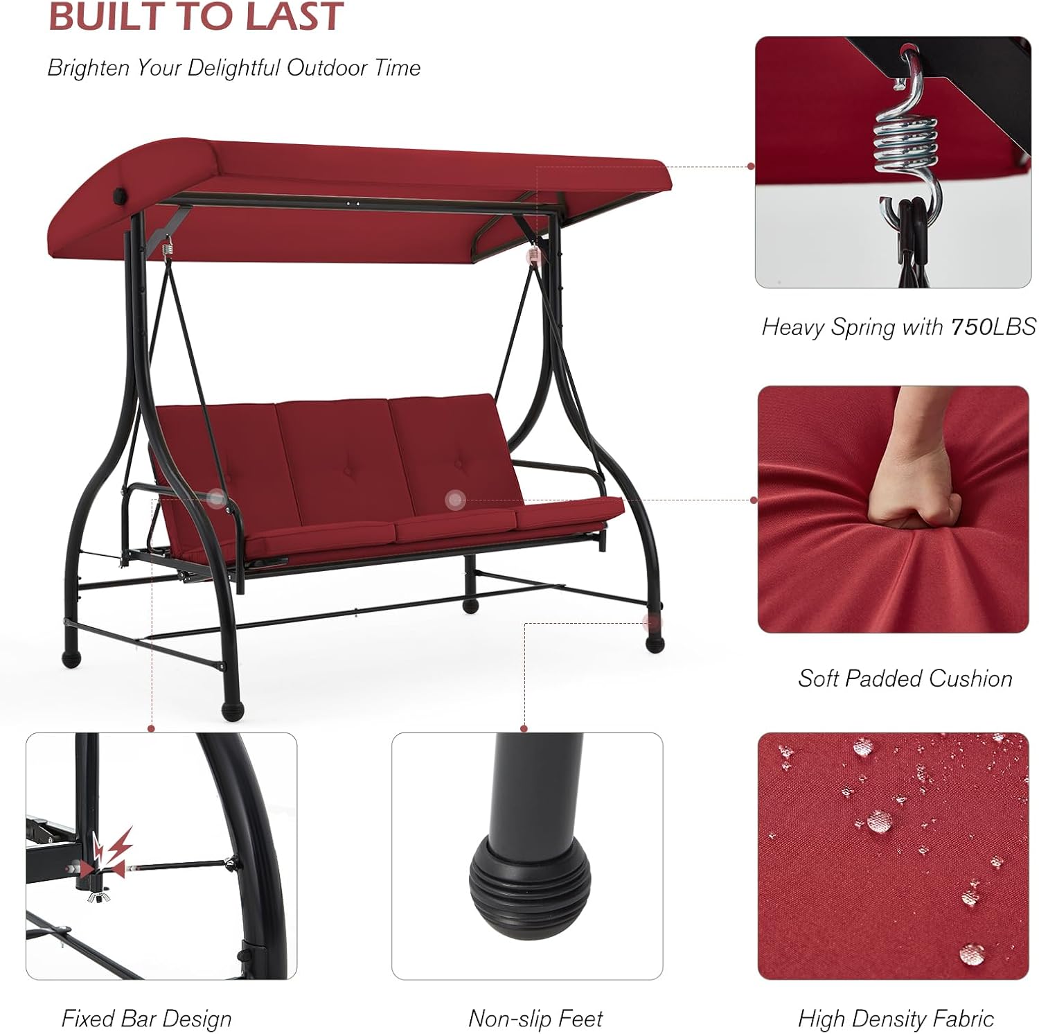3 Seater Garden Swing Bed Red Canopy Cushion Steel