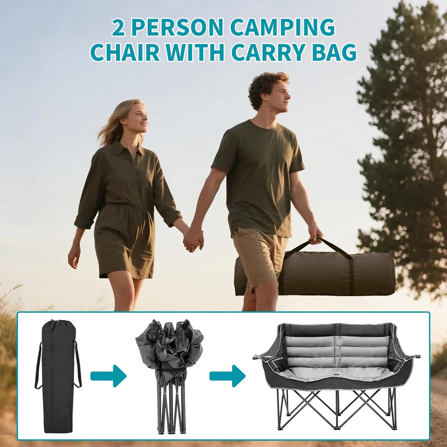 Double Camping Chair 2 Seater Padded Folding Sofa Black