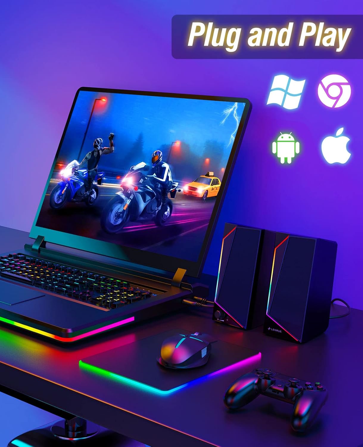 USB PC Speakers Stereo Desktop Sound Headphone Jack LED
