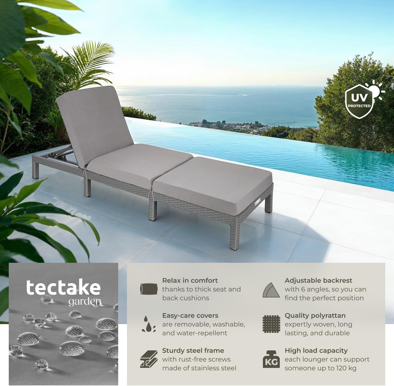 Luxury Rattan Sun Lounger 6 Position Cushion Grey