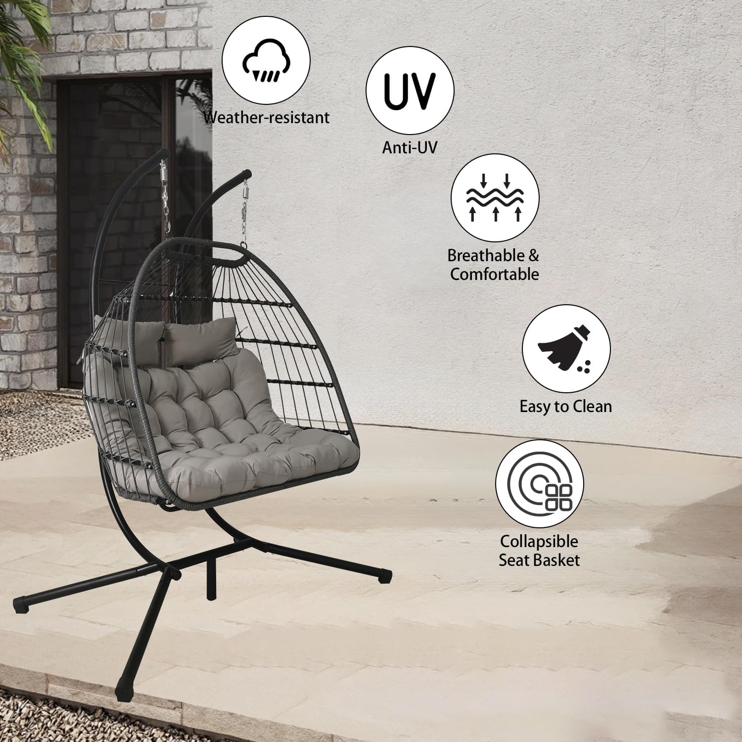 Double Egg Chair Swing Light Grey Rattan Stand Cushions