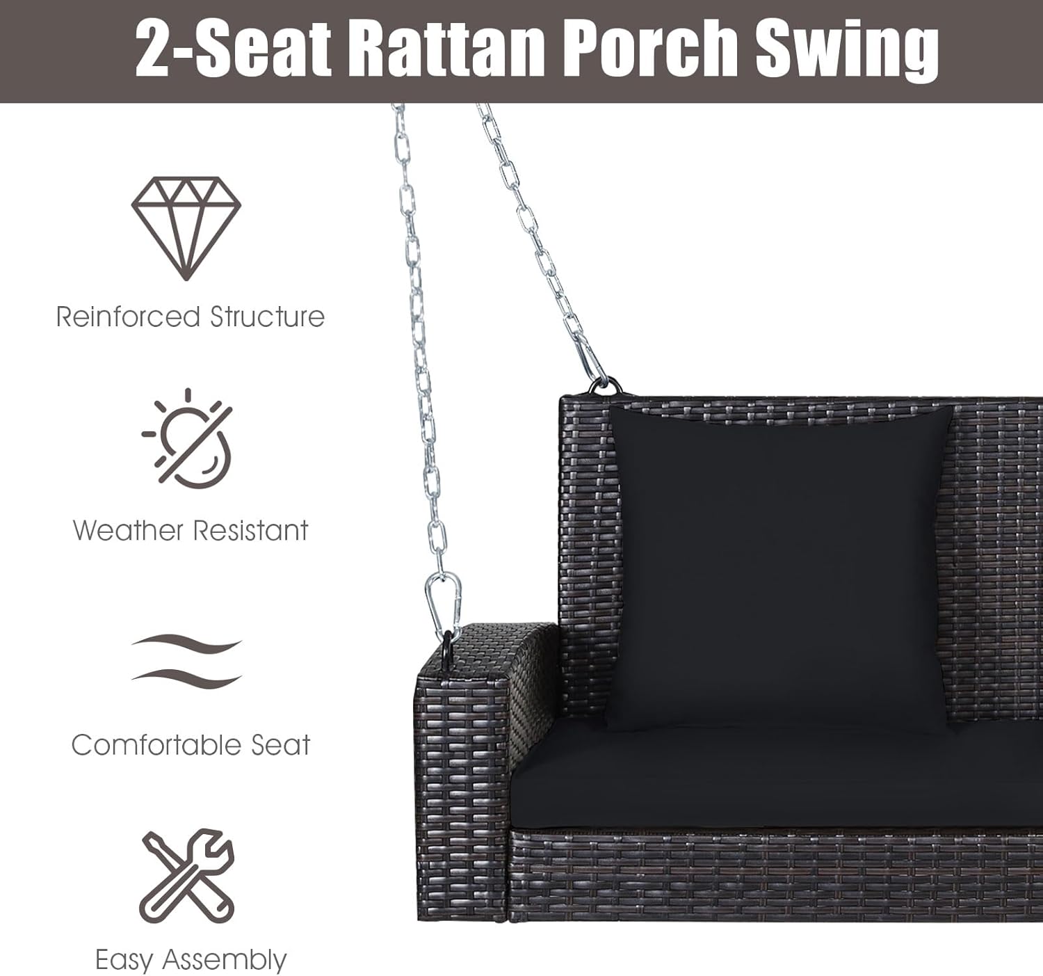 2 Seater Rattan Porch Swing Chair Cushions Pillows Black