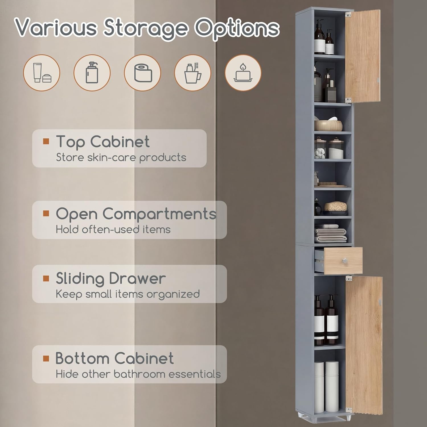 Tall Bathroom Storage Cabinet Slim Drawer Shelf Cupboard Grey Natural