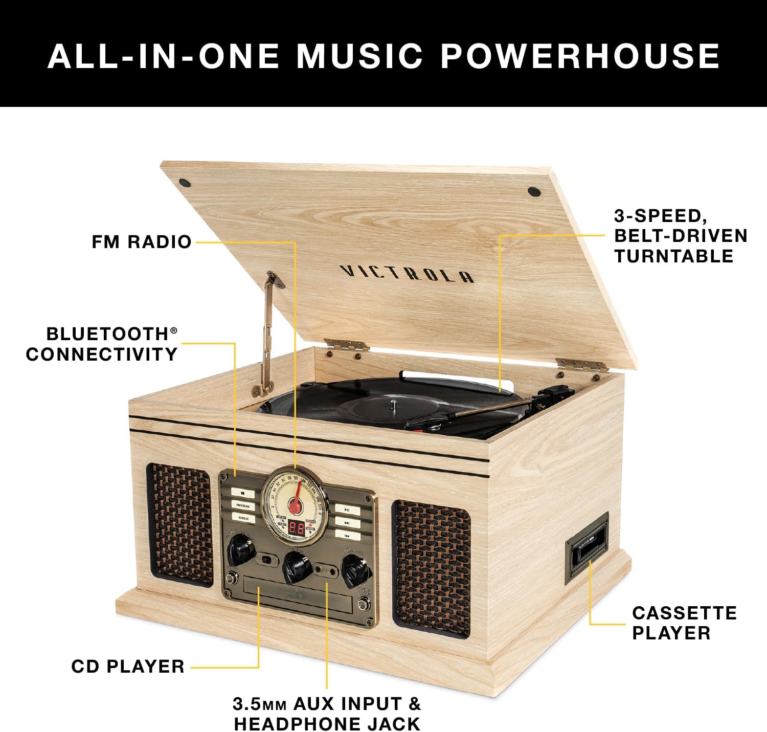 6 in 1 Wood Record Player Bluetooth CD Cassette Graphite