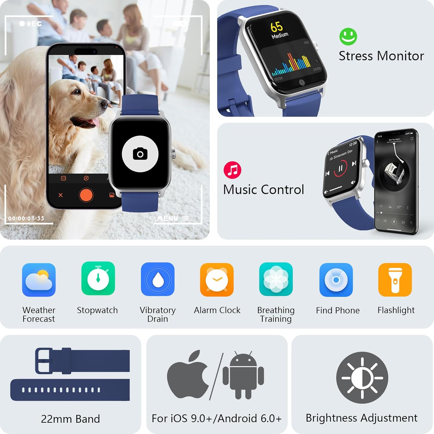 Smart Watch Bluetooth Call Alexa Fitness Tracker Blue