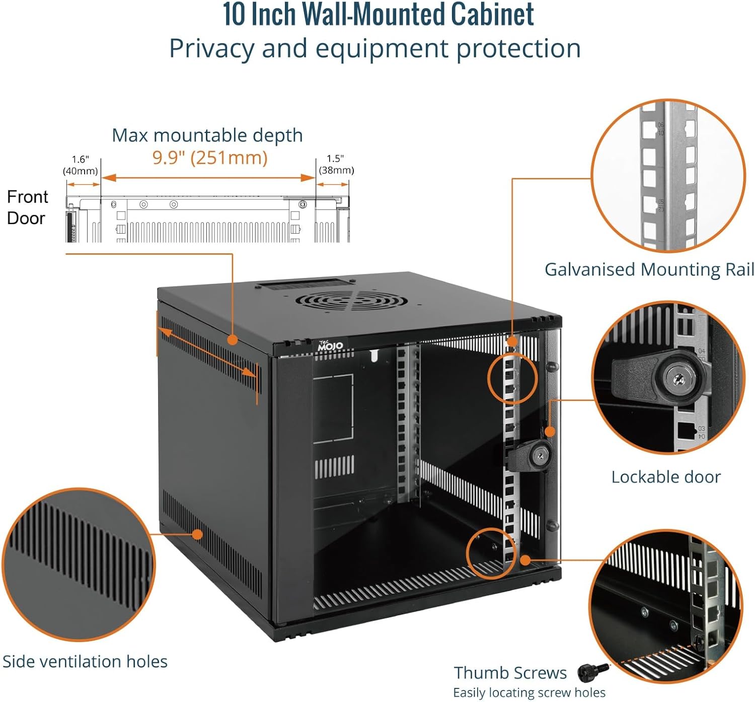 6U 10 Inch Wall Mount Data Cabinet Glass Door Black