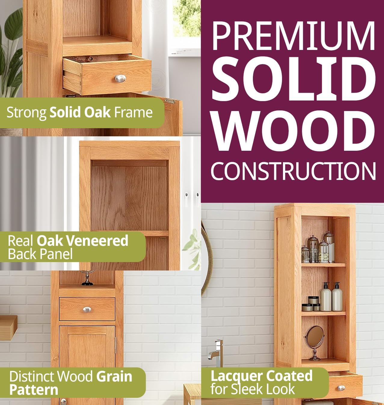 Solid Oak Tall Bathroom Storage Cabinet Drawer Shelf Unit