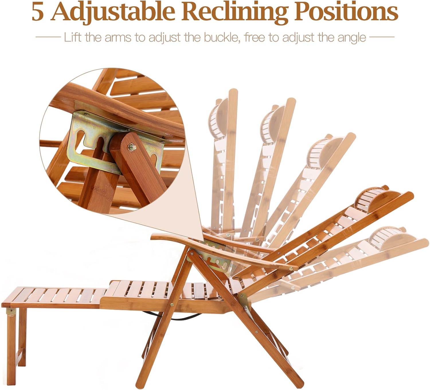 Foldable Bamboo Sun Lounger Recliner Chair 5 Position