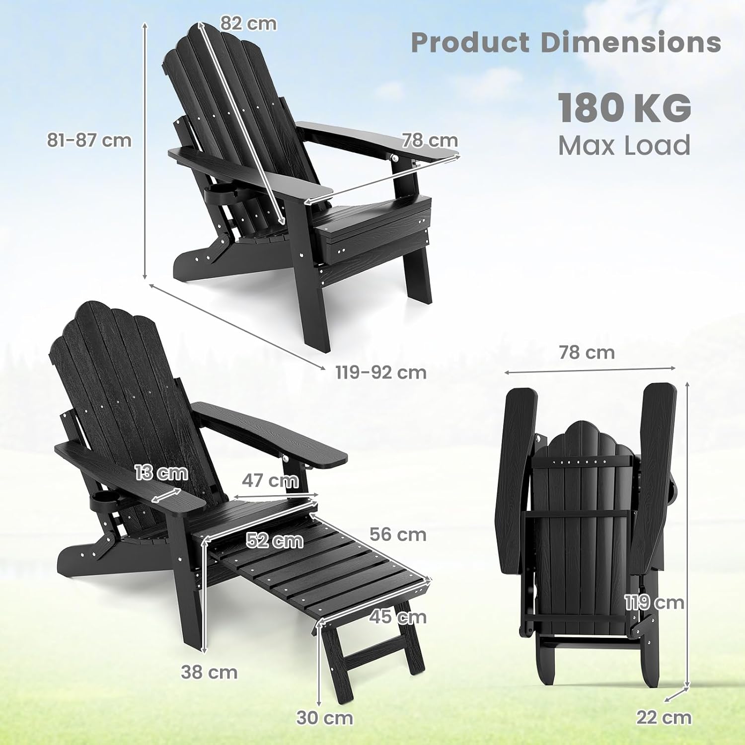 Adirondack Garden Lounge Chair Adjustable Footrest Black