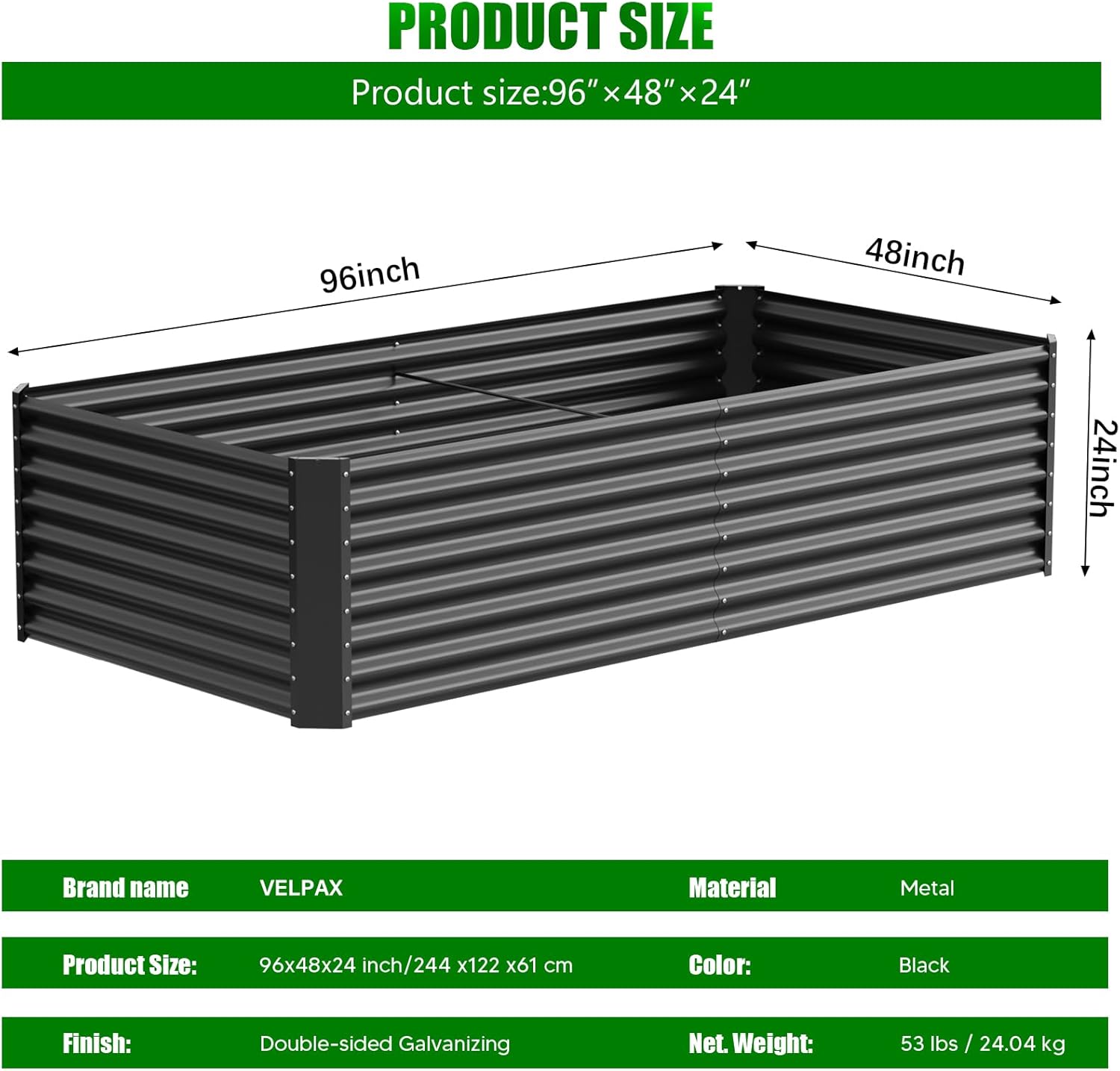 Extra Large Metal Raised Garden Bed 244cm Black Steel
