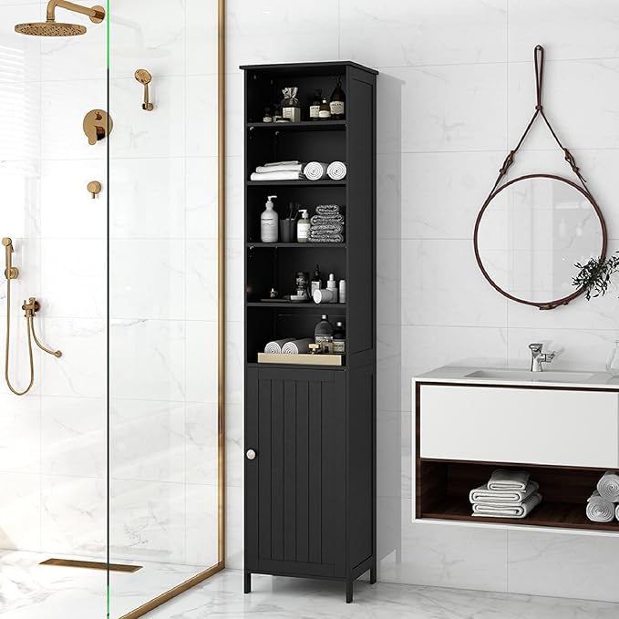 Tall Bathroom Storage Cabinet Black Adjustable Shelf Unit