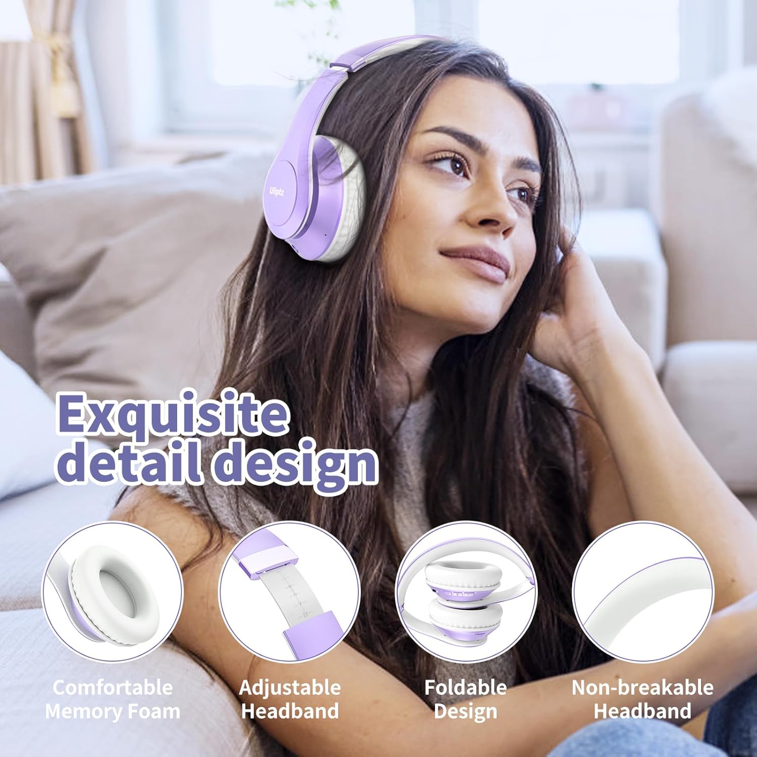 Wireless Bluetooth Over Ear Headphones 65Hr Battery 6 EQ Modes Purple