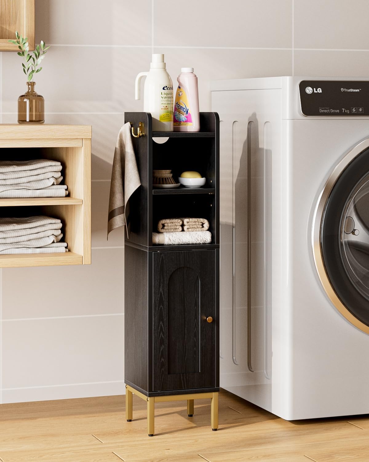Slim Bathroom Storage Cabinet Door Black Freestanding Unit