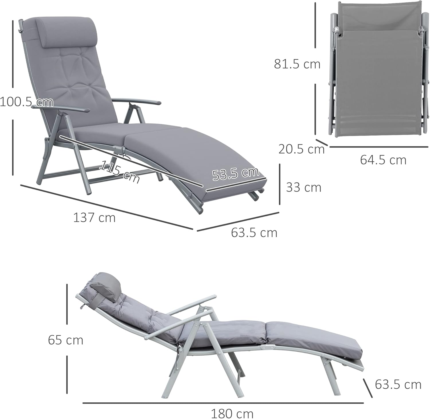 Heavy Duty 7 Level Sun Lounger Folding Recliner Grey