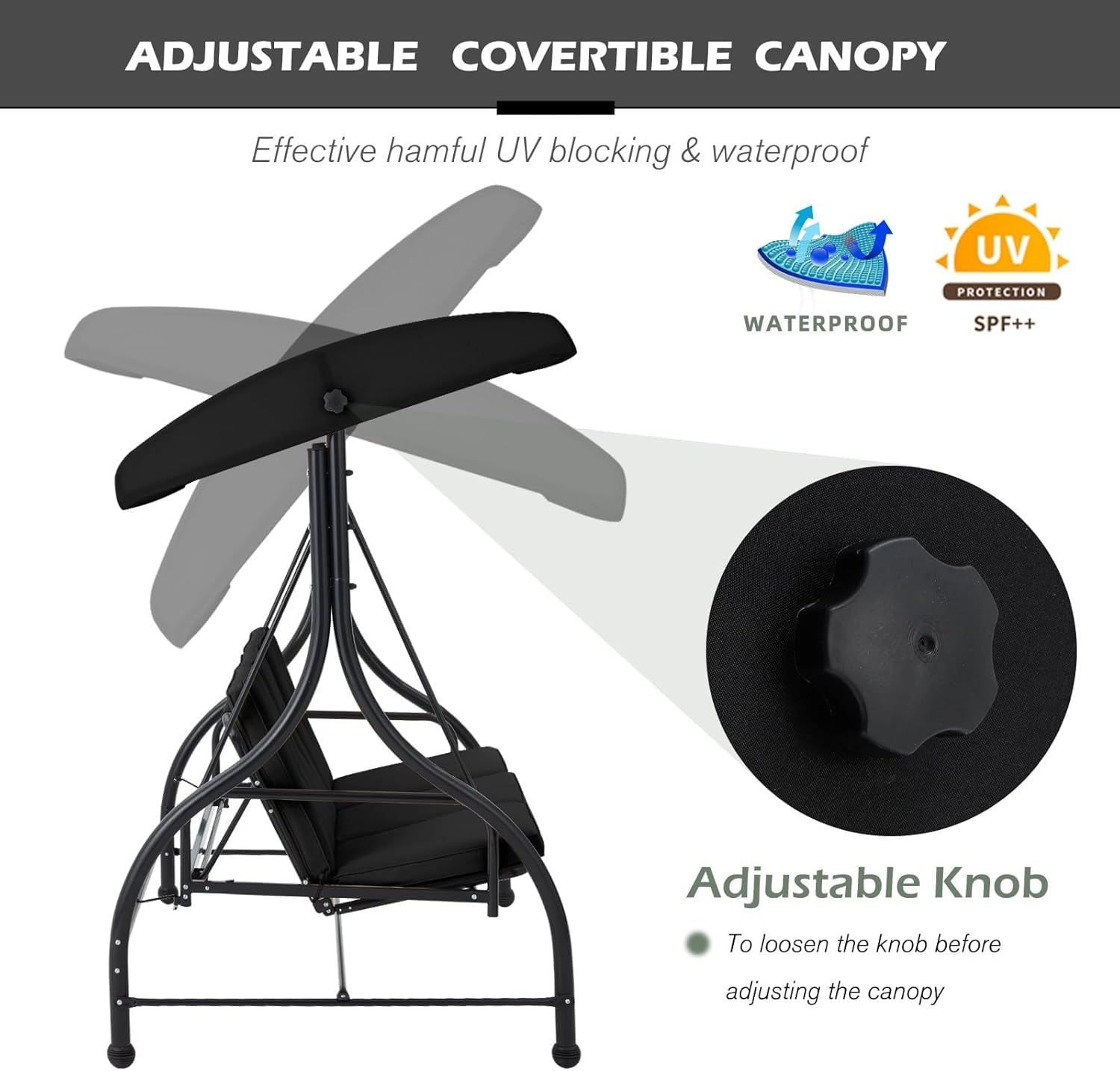 3 Seater Garden Swing Seat Bed Convertible Hammock Chair Black
