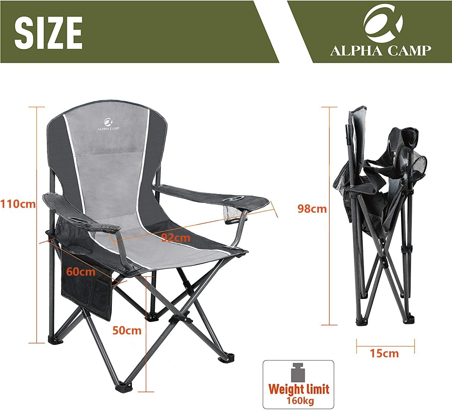 Oversized Camping Chair 160kg Heavy Duty Black Grey