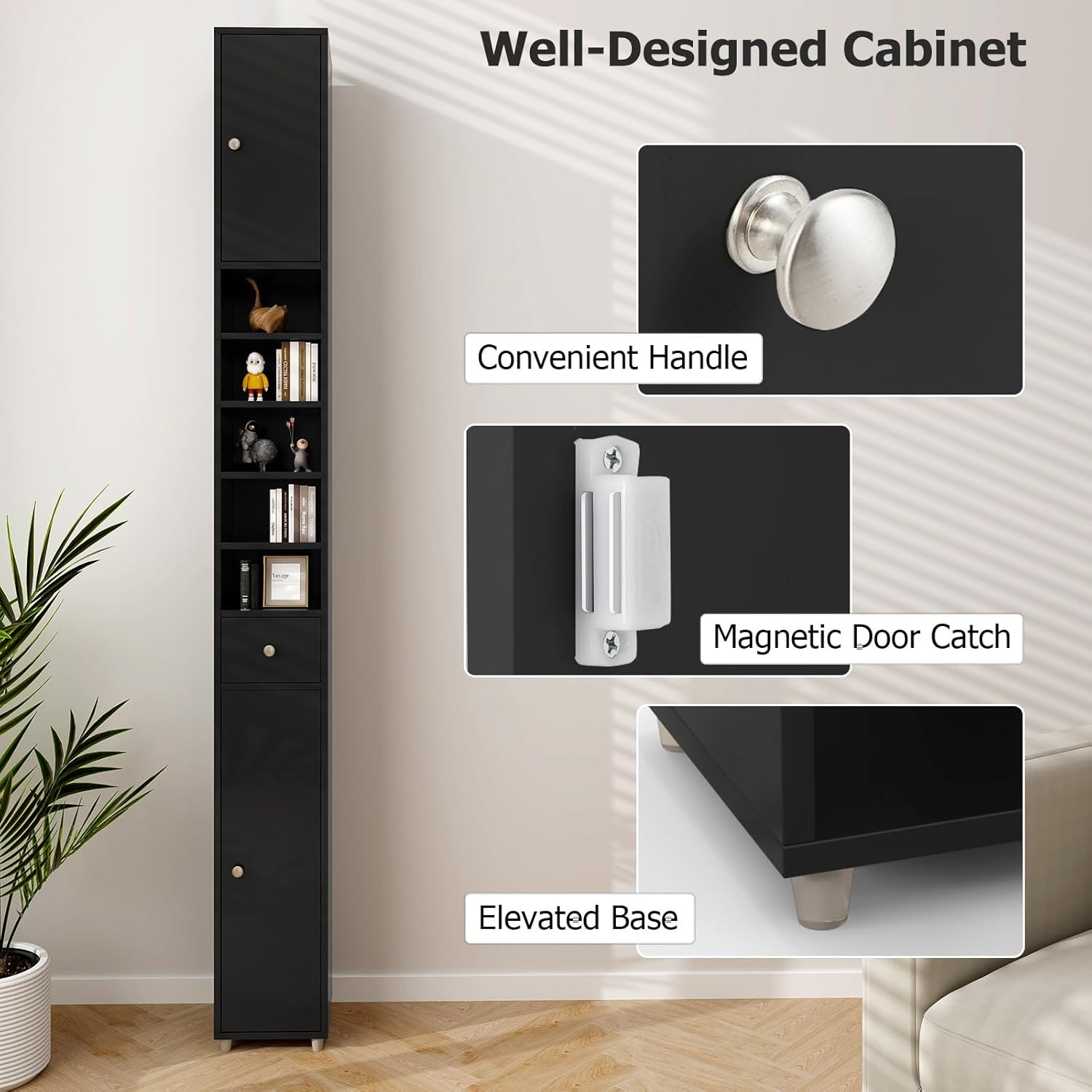 Tall Slim Bathroom Storage Cabinet Drawer Adjustable Shelves Black