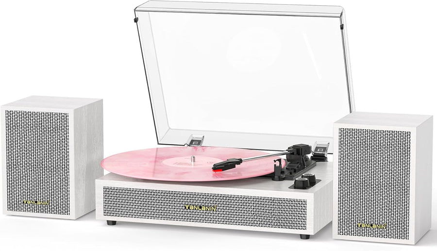 Vintage Vinyl Record Player White Wood 3 Speed With External Speakers
