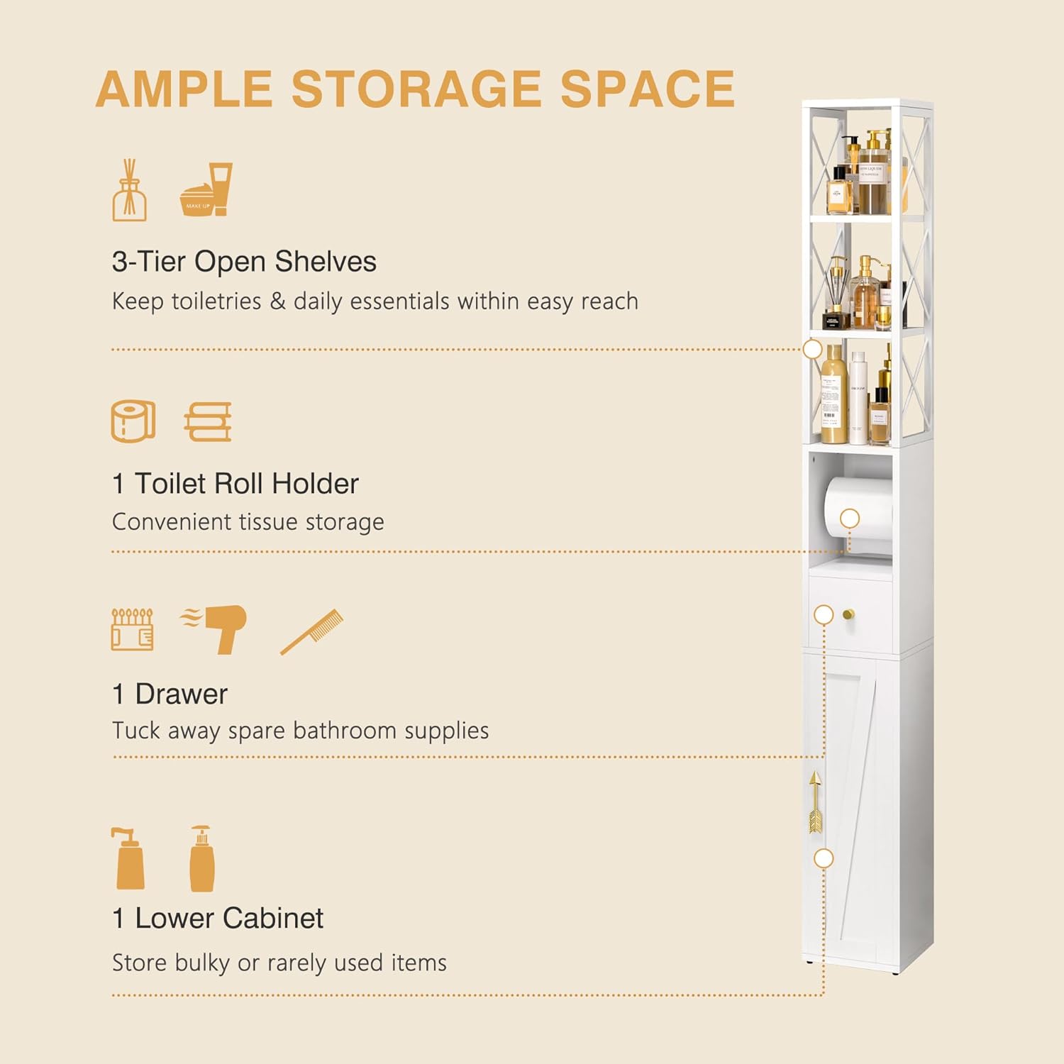 Slim Bathroom Tall Cabinet Drawer Shelf Door Unit White