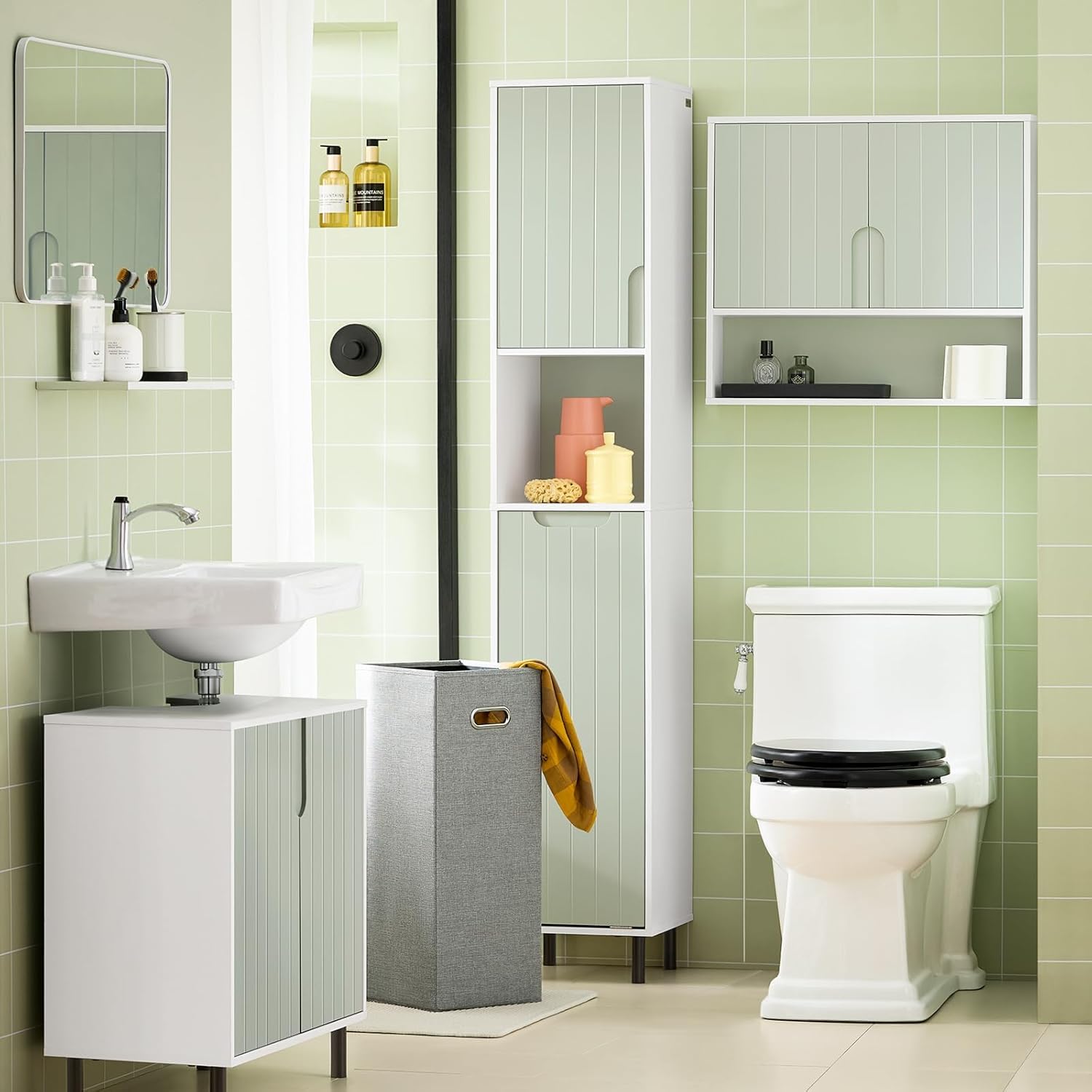 Slim Bathroom Tall Cabinet Laundry Bag Shelf Unit White Green