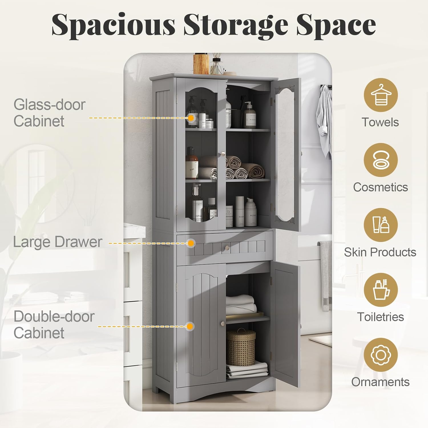 Tall Bathroom Cabinet Glass Door Drawer Shelf Unit Grey