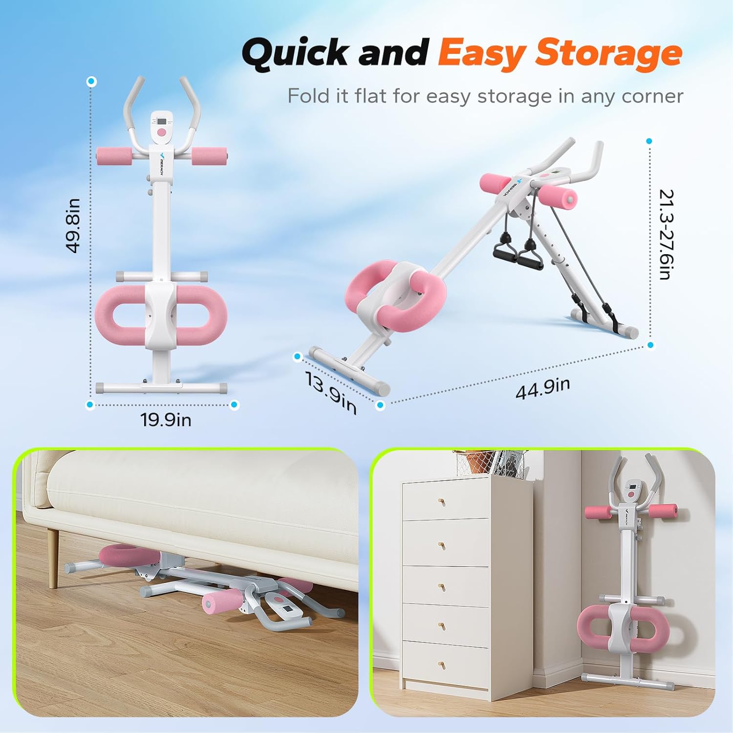 Foldable Ab Machine Adjustable Core Trainer Home Gym Pink