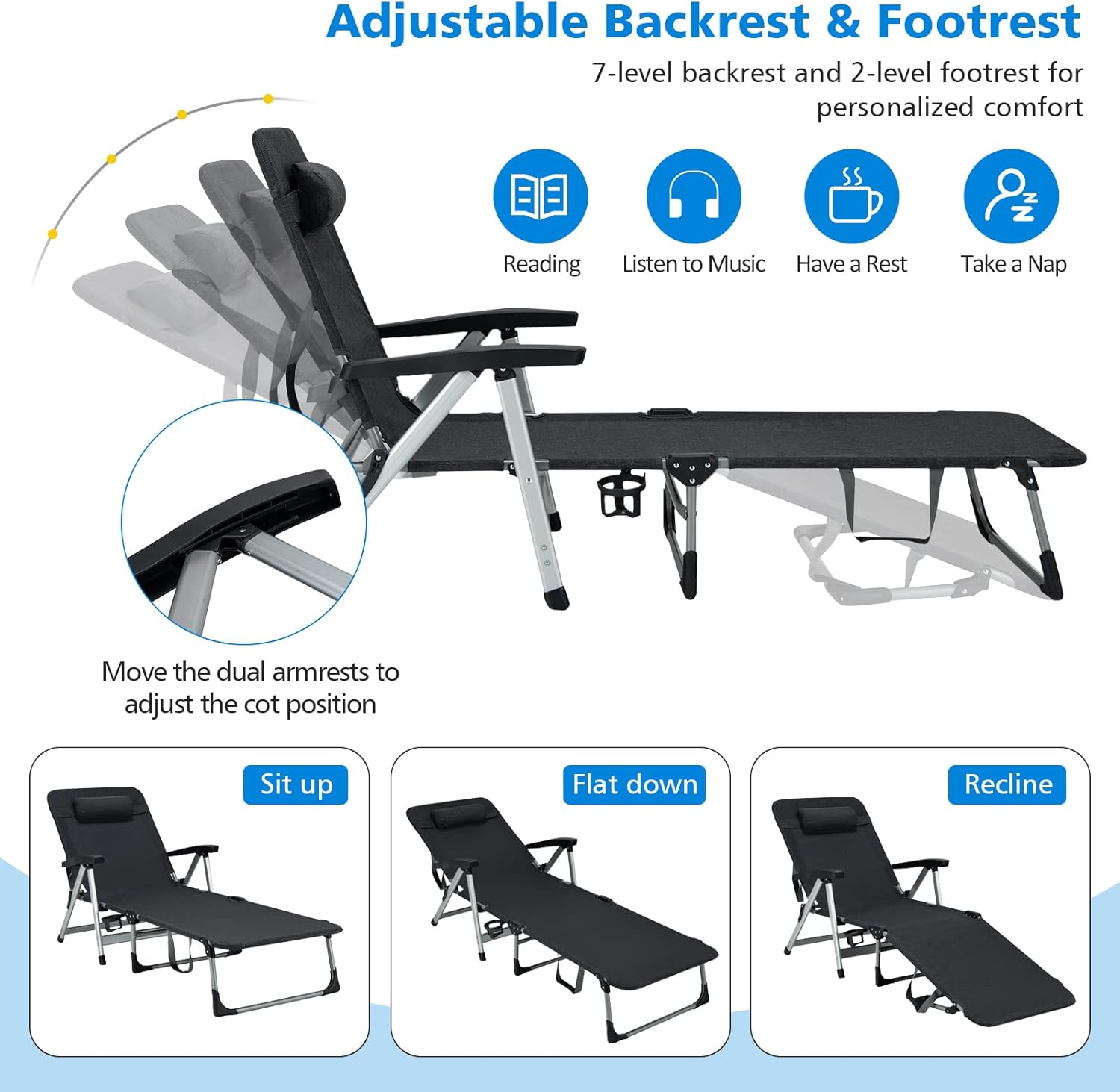 Folding Sun Lounger 7 Position Reclining Chair Cup Holder Black