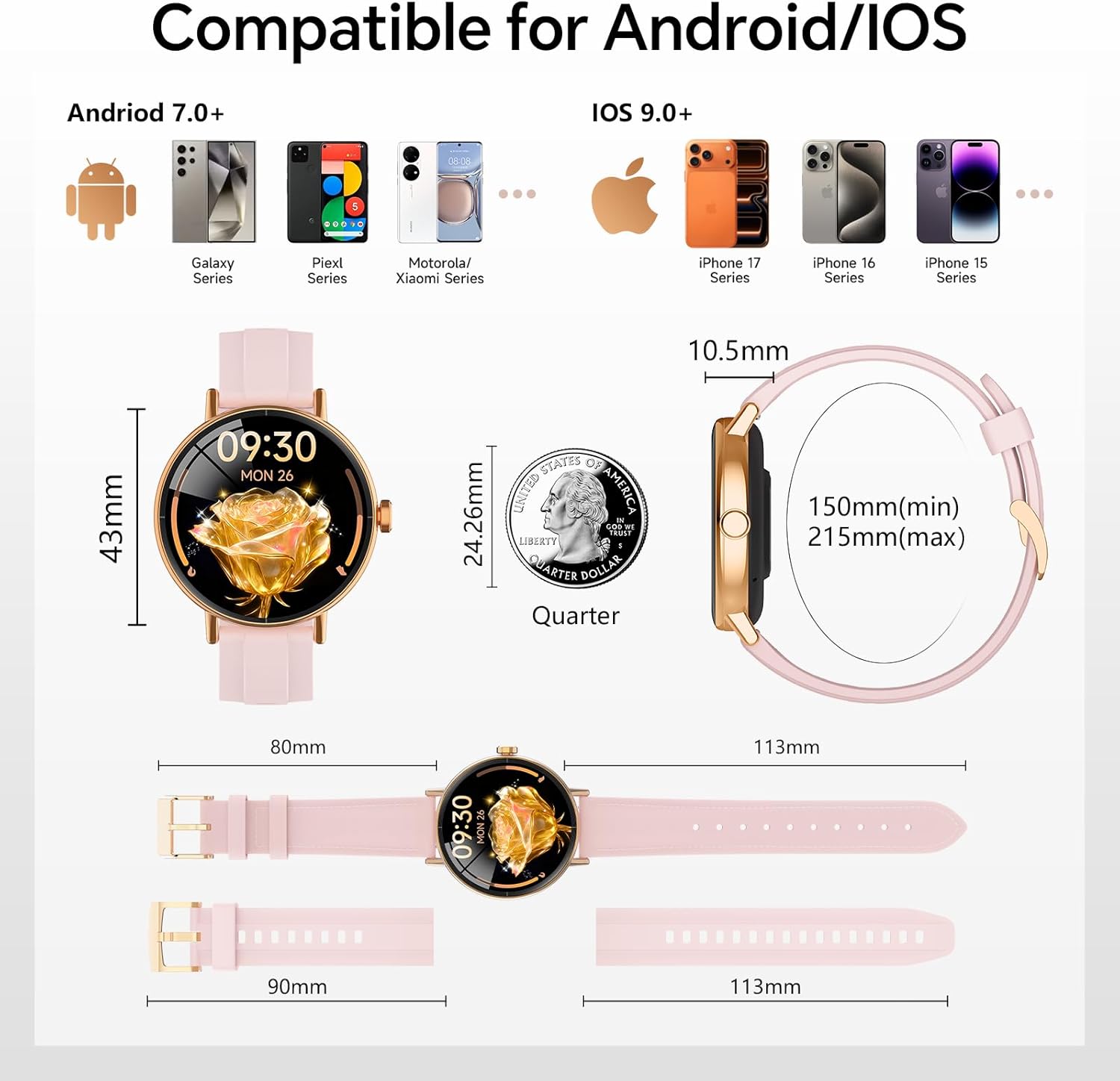 Womens Round Smart Watch Bluetooth Call Pink 2 Bands