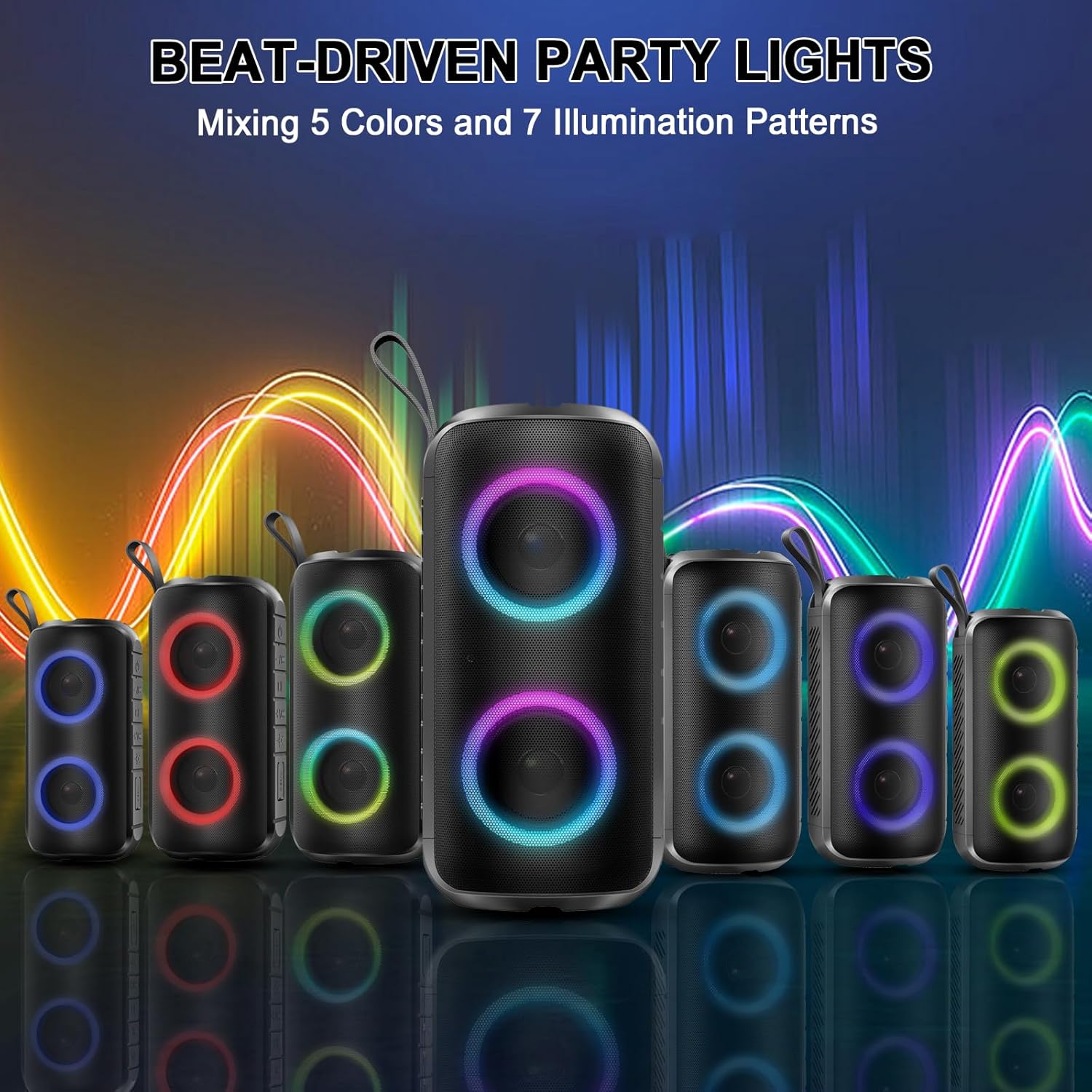 Portable Bluetooth Speaker 3D Stereo Bass RGB Lights IPX7 Waterproof