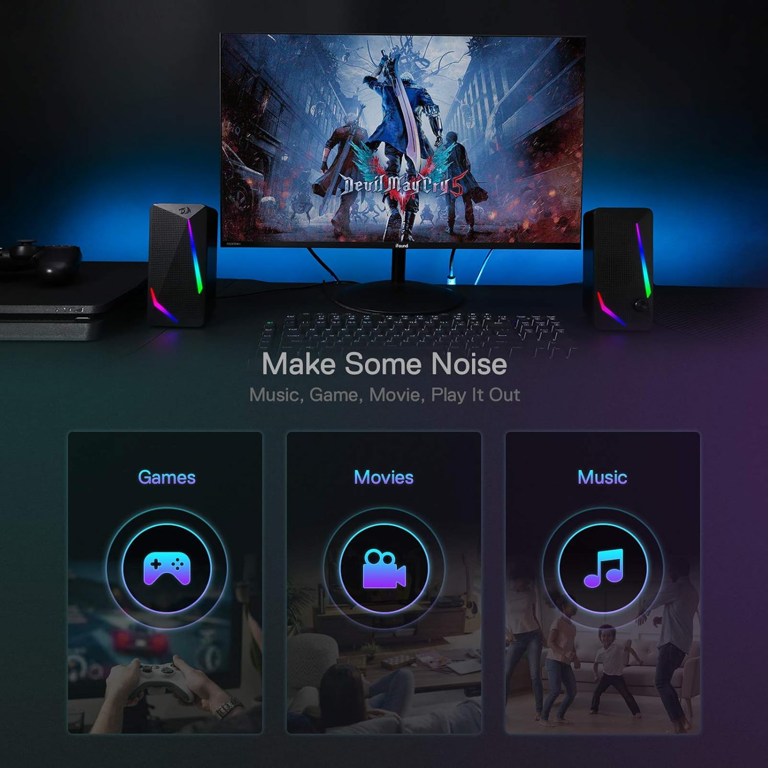 PC Speakers RGB Stereo USB Powered Desktop Audio Bass Control