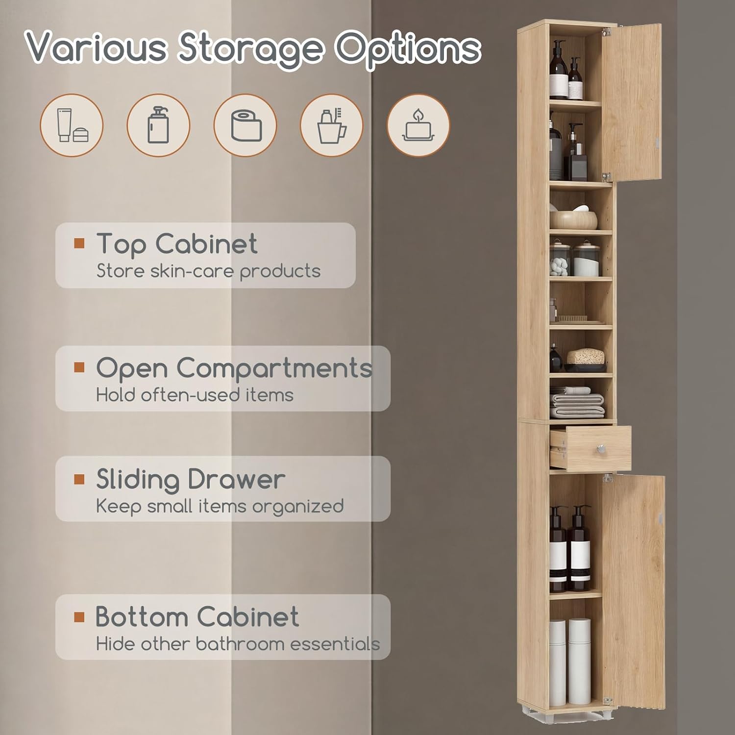 Tall Bathroom Storage Cabinet Slim Floor Standing Shelf Drawer Unit