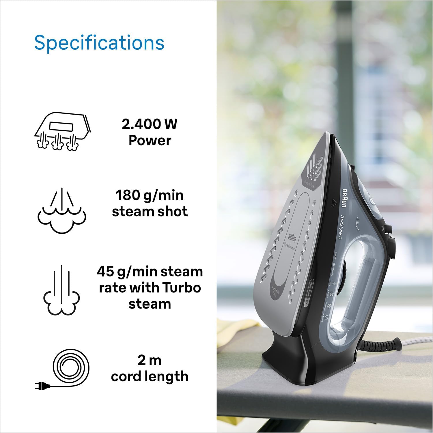 2400W Steam Iron 180g Steam Shot FreeGlide Soleplate Auto Shut Off