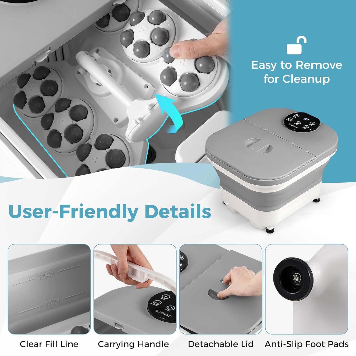 Foldable Heated Foot Spa Massager 30 Rollers Shower Timer