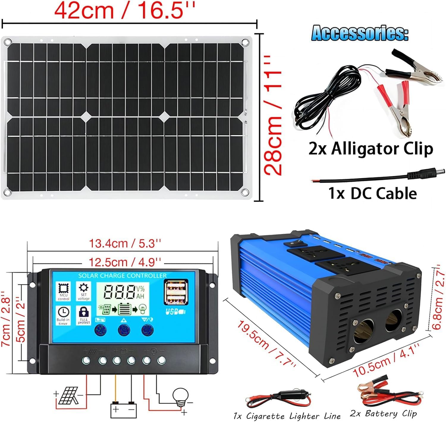 500W Car Power Inverter Solar Panel Kit 30A Controller USB RV Boat