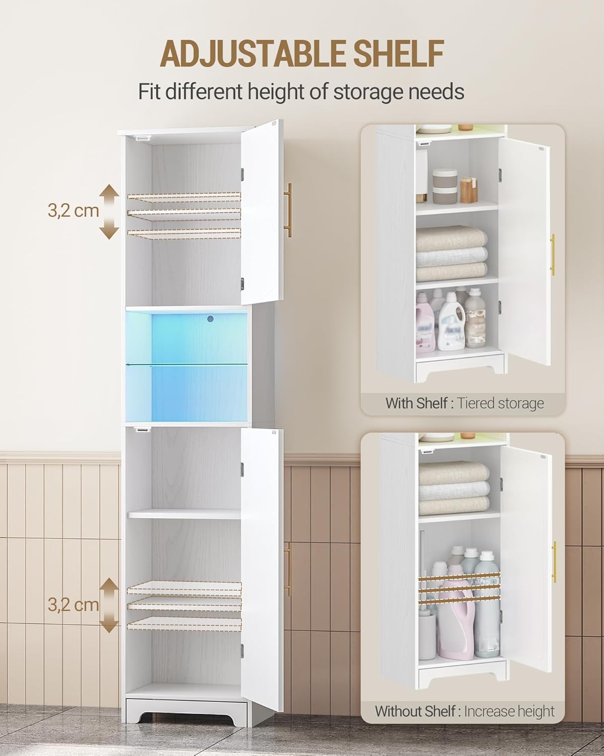 LED Tall Bathroom Storage Cabinet 2 Door White 170cm
