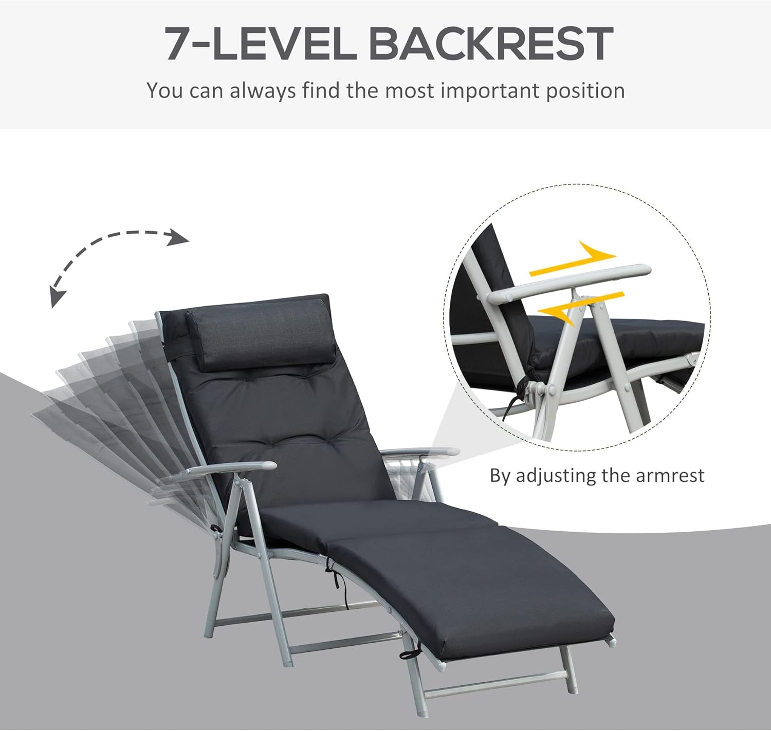 Folding Sun Lounger 7 Level Recliner Chair Black