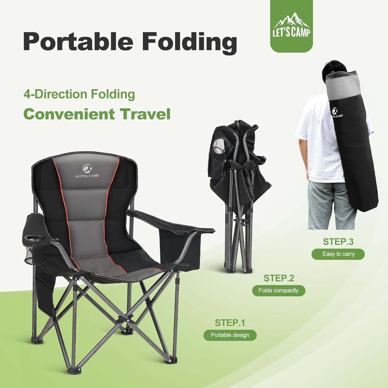 Heavy Duty Folding Camping Chair 200kg Padded Cooler Black