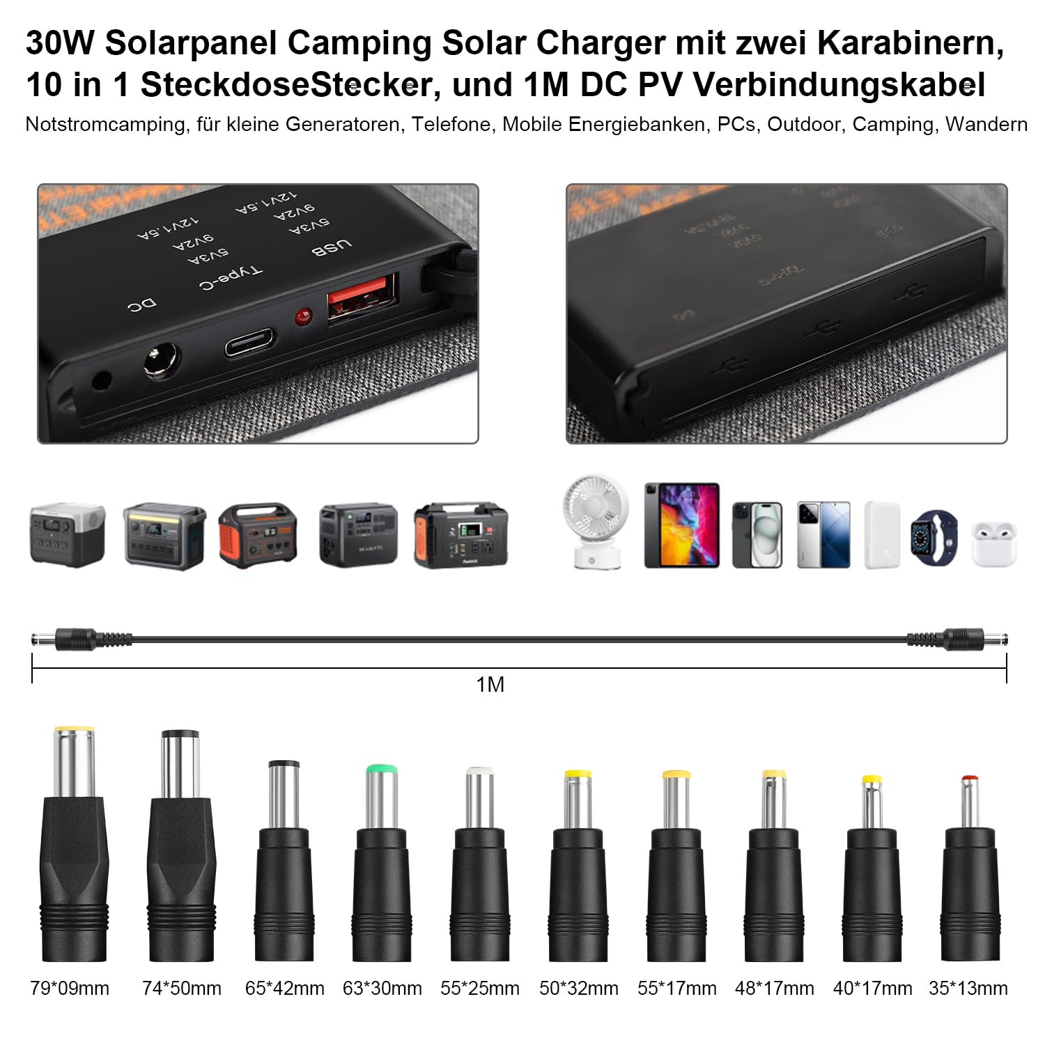 30W Portable Solar Panel Foldable USB C DC Charger Camping