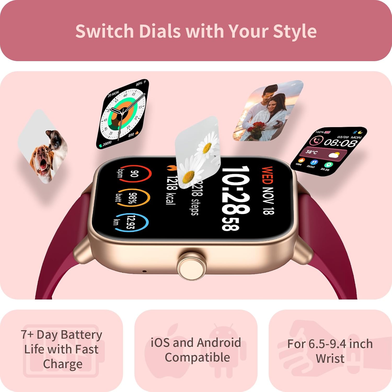 Womens Smart Watch Bluetooth Call Alexa Red