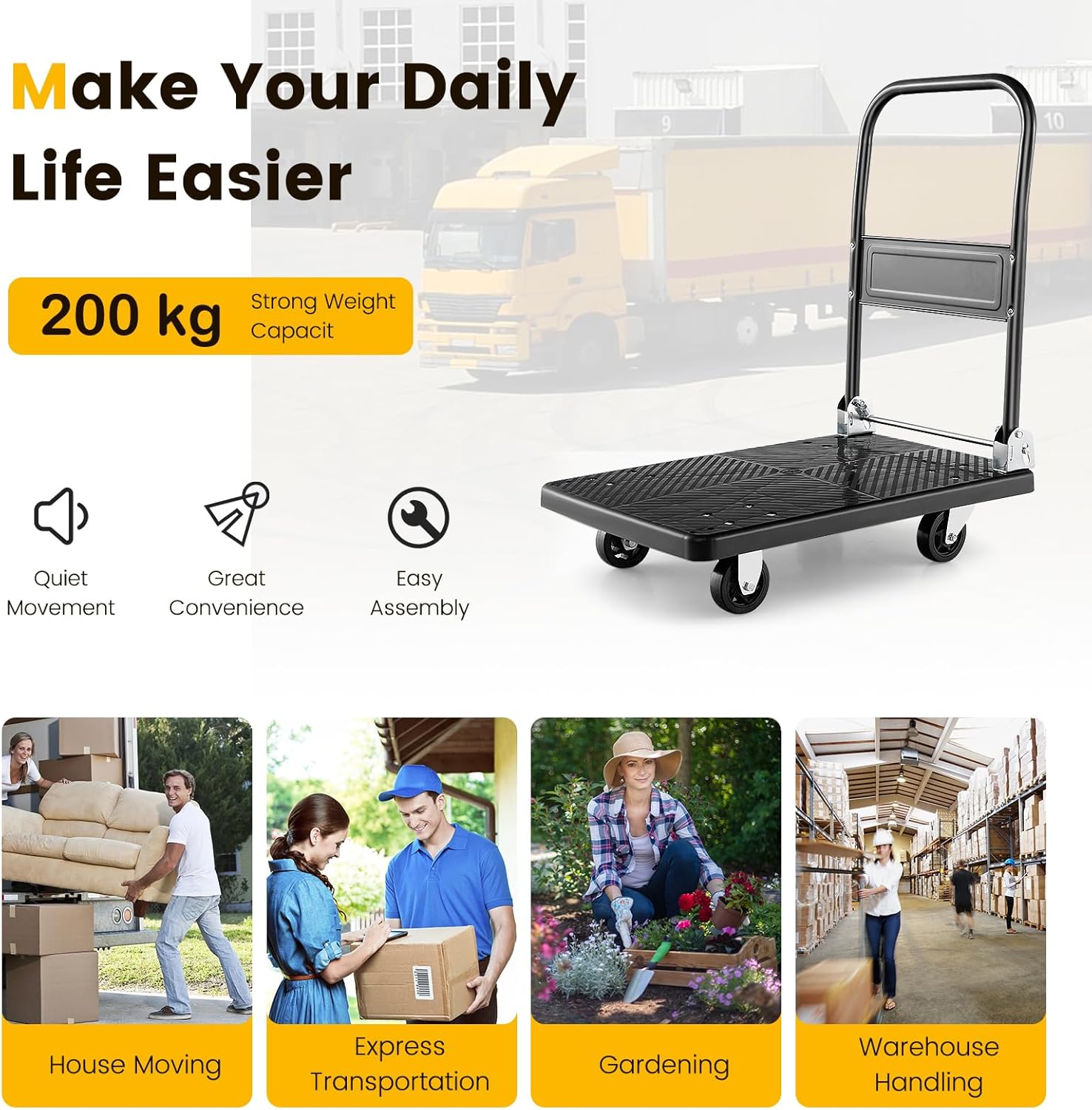 Folding Push Cart Dolly 200KG Flatbed Trolley Black