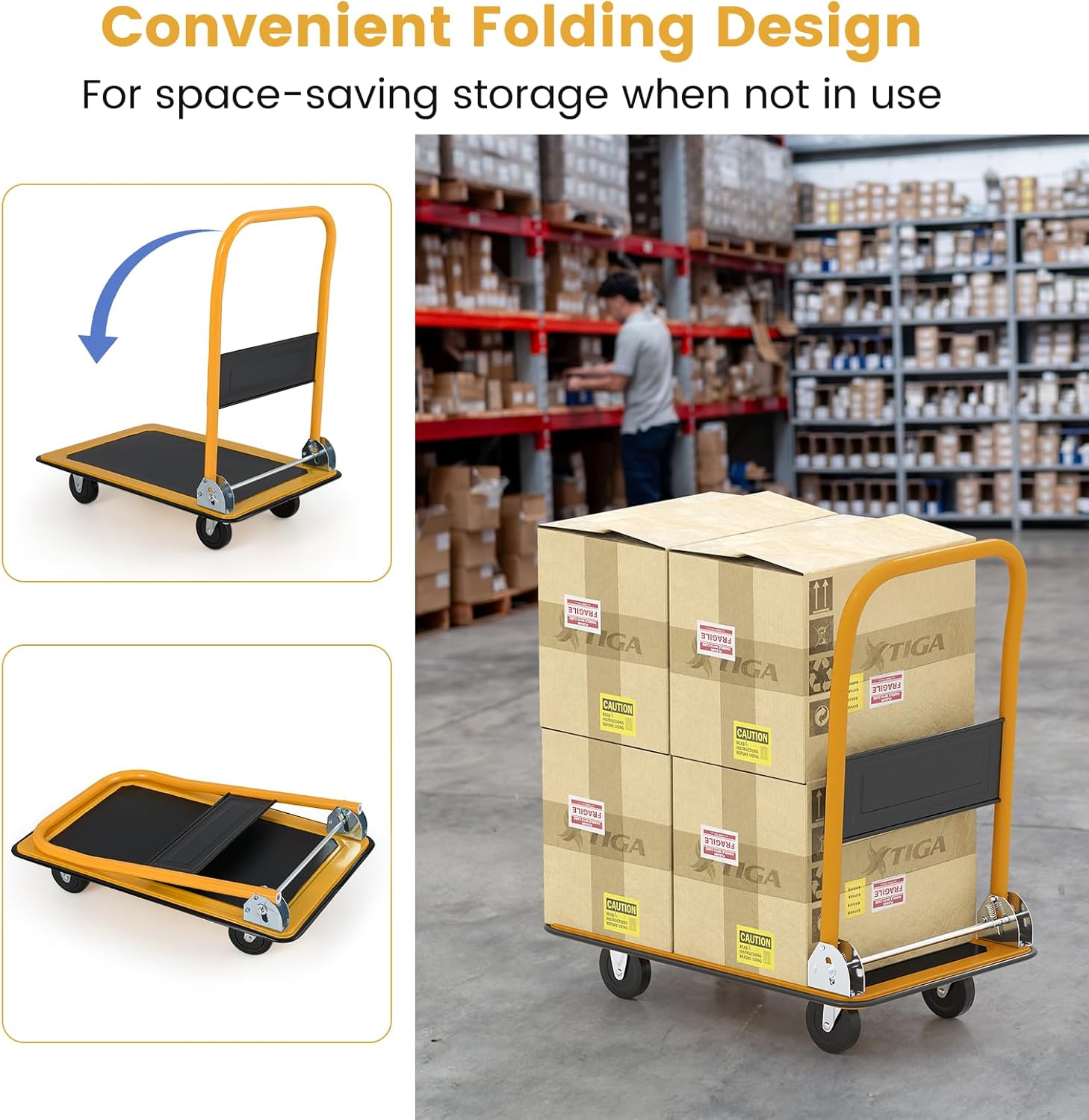 Folding Push Cart Dolly 150KG Flatbed Trolley Black Yellow