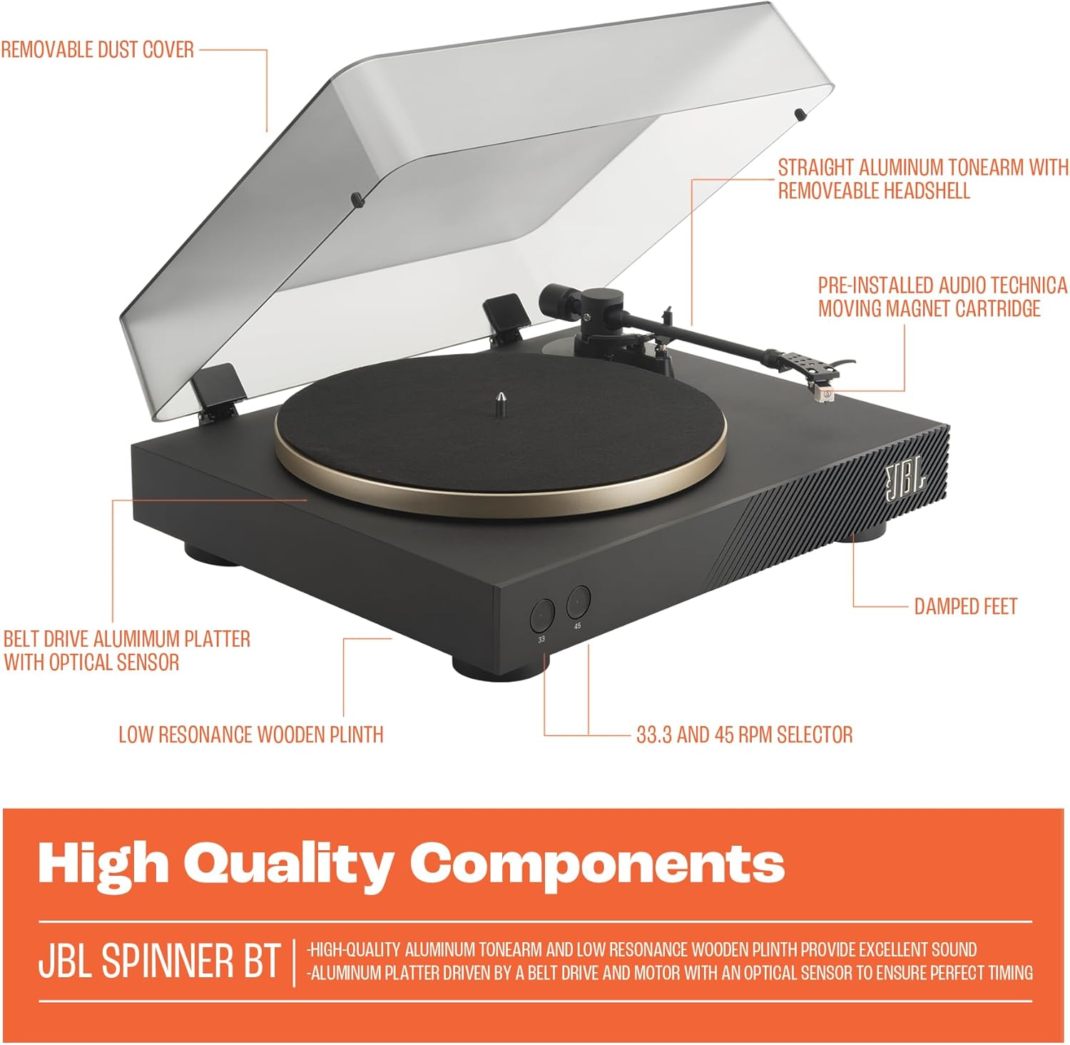 Bluetooth Vinyl Turntable AptX HD Black Gold