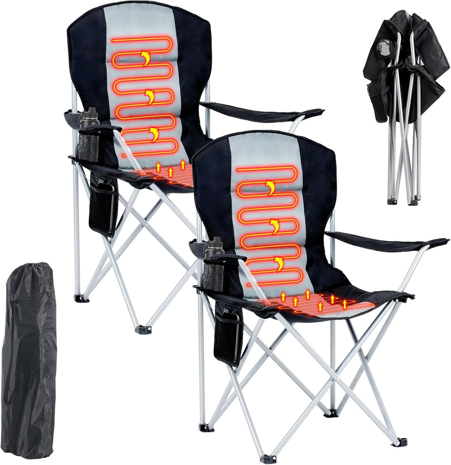 Set of 2 Heated Folding Camping Chairs 180kg 3 Heat Levels