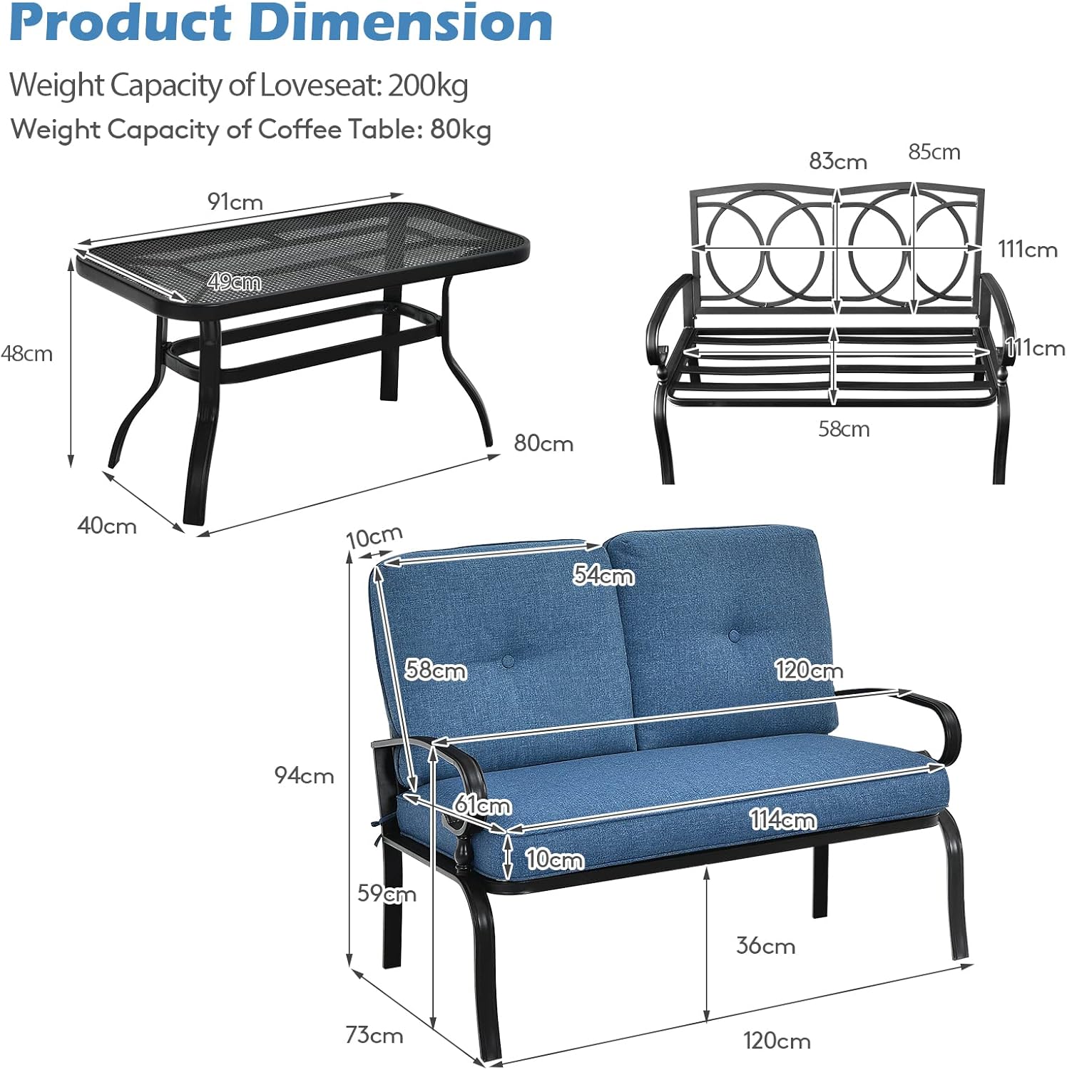 2 Seater Garden Loveseat with Coffee Table Cushions Set